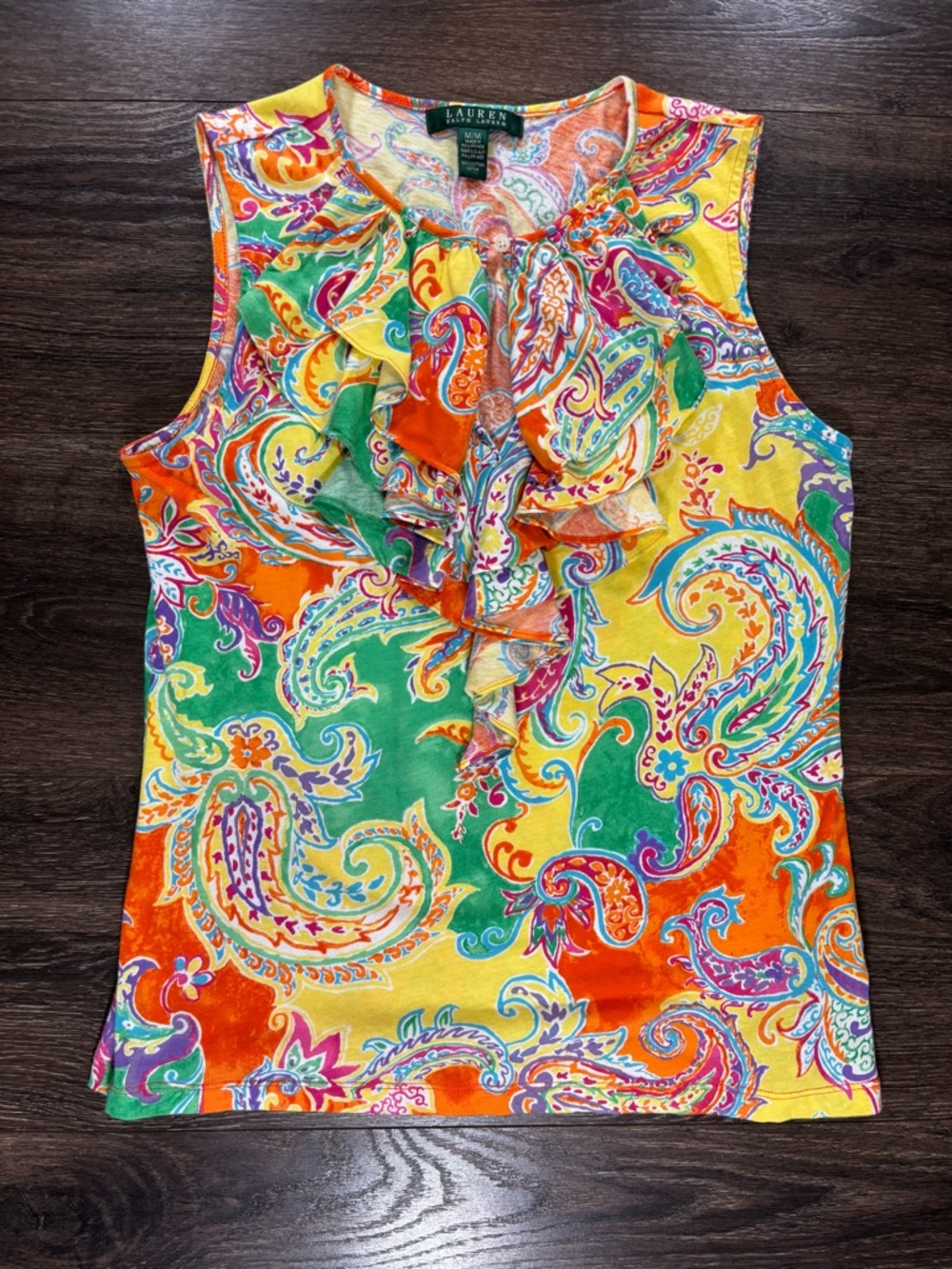 Lauren Ralph Lauren Bright Multicolor Paisley Ruffle Sleeveless Top